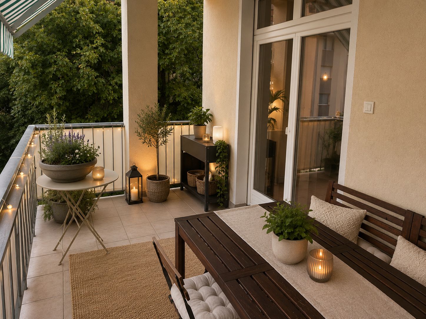 Terrasse mit Esstisch und Abendlicht