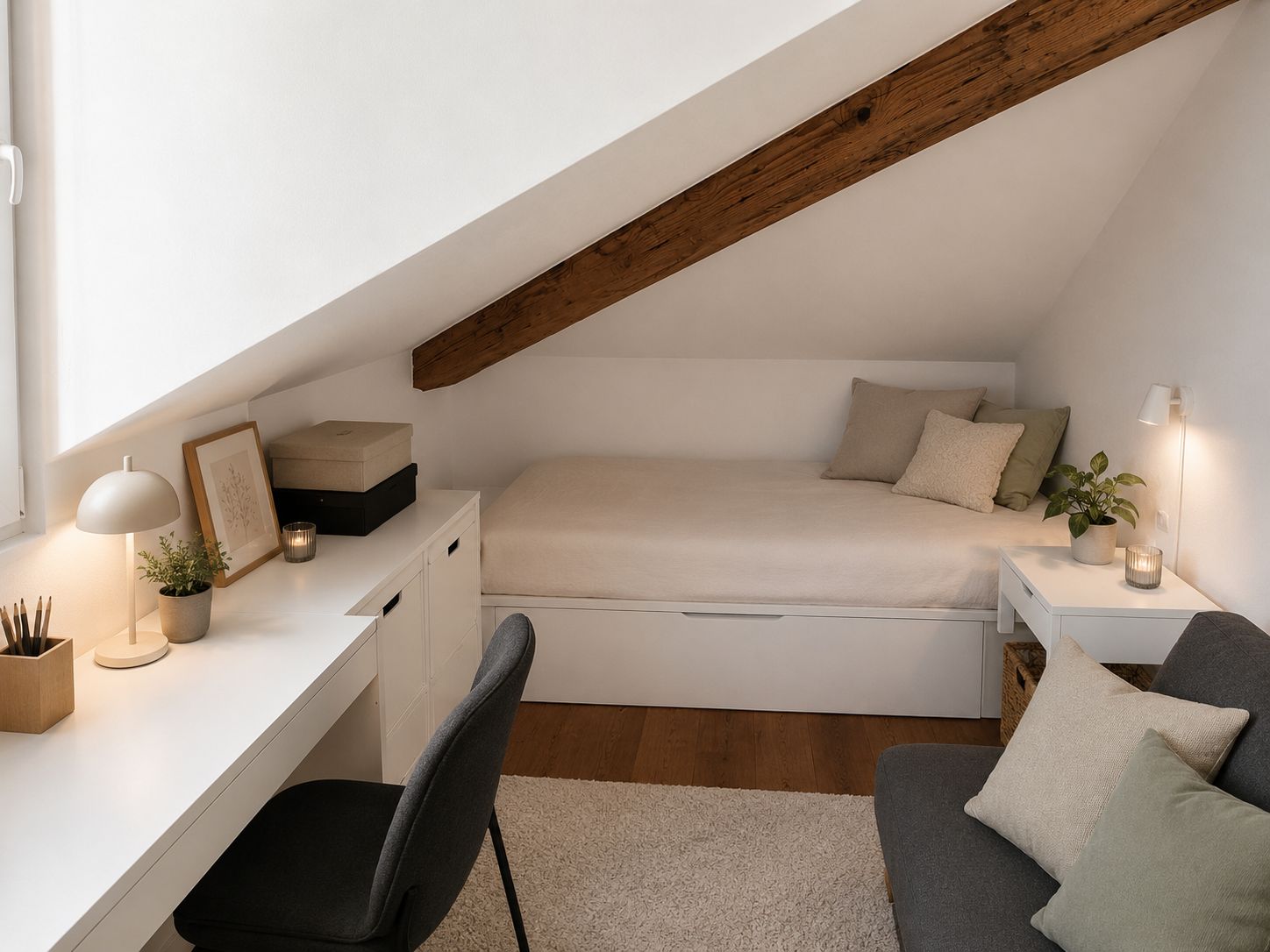 Zimmer 1 im Dachgeschoss, Bett und Arbeitsplatz