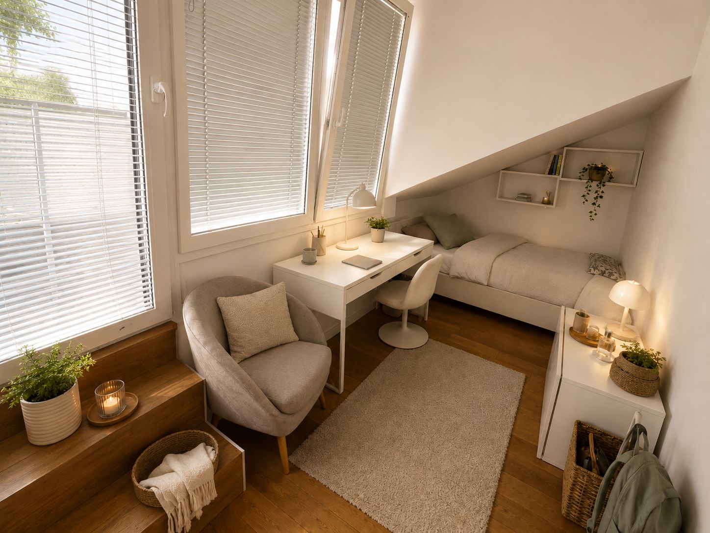 Zimmer 3 im Dachgeschoss mit großen Fenstern